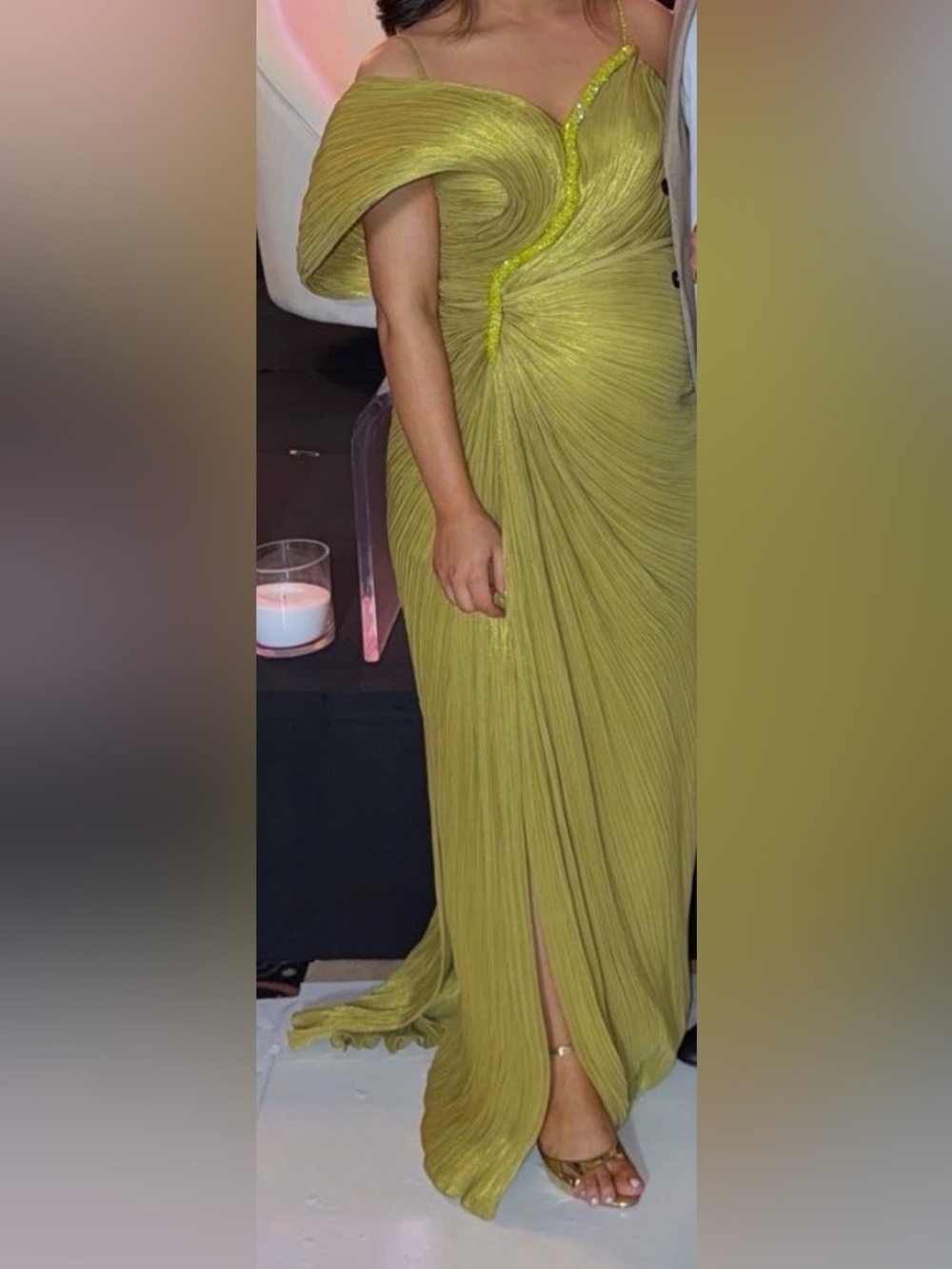 Lime Green Draped Evening Gown